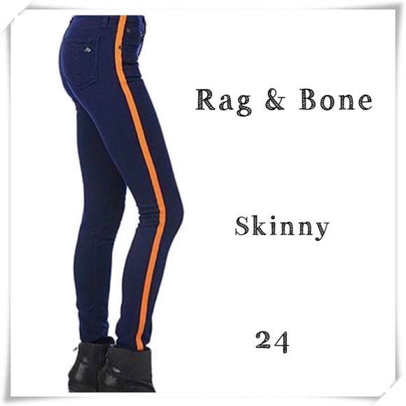 RAG & Bone Low Rise Orange Side Stripe Skinny Jeans in Indigo W1502O337 - Picture 1 of 8
